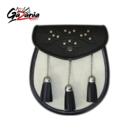 White Rabbit Fur Sporran, Celtic Knot design head on flap snap closure